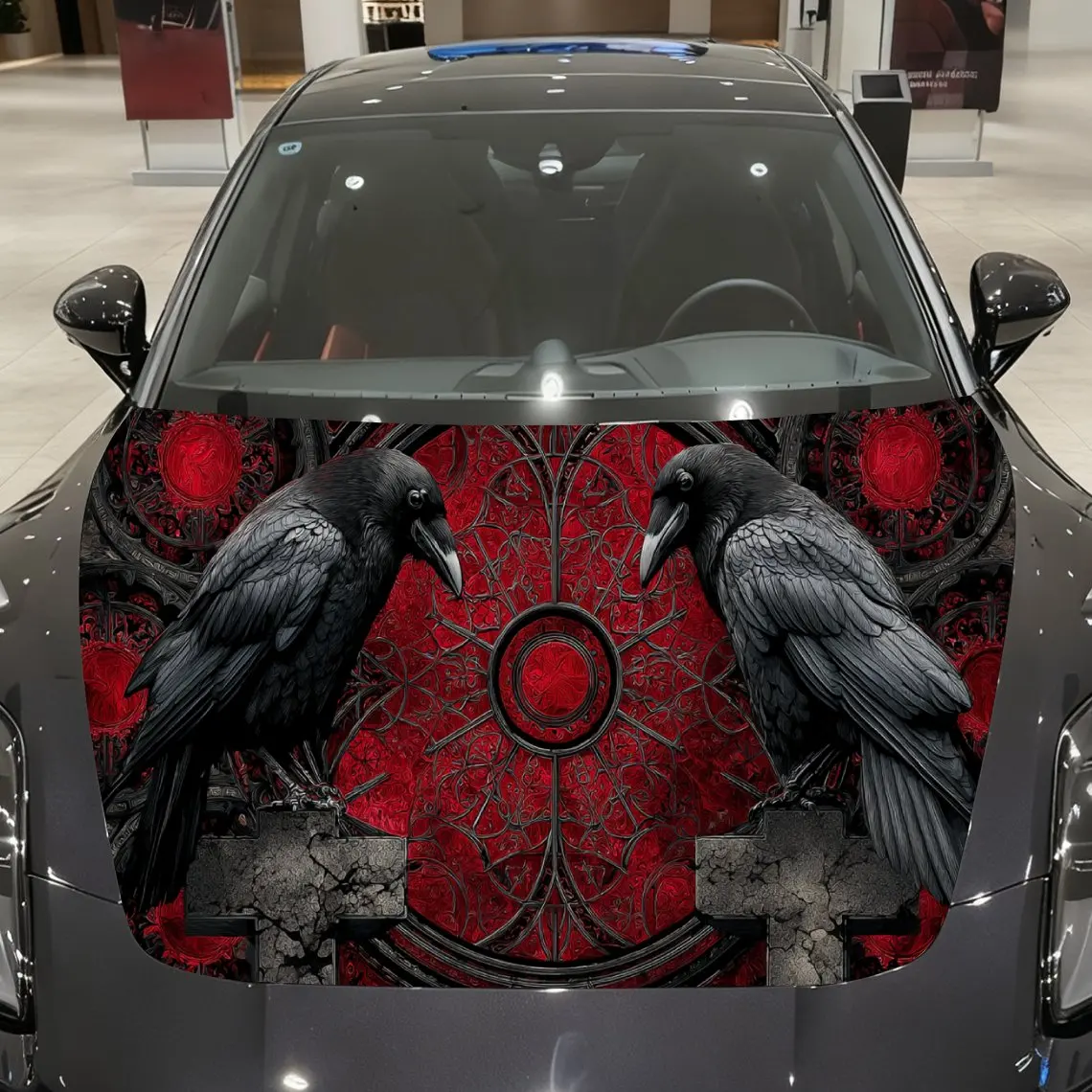

Eerie Red-emblem Crows Print car hood stickers, waterproof self-adhesive, scratch resistant, easy to stick, durable car PVC stic