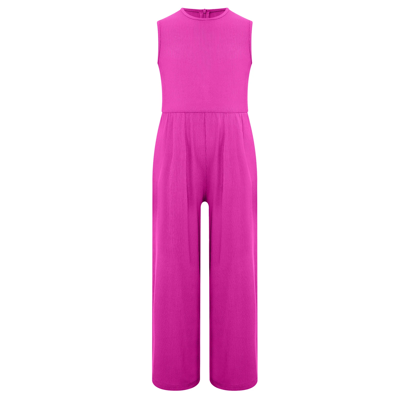 

New Girls Summer Wide-Leg Ribbed Jumpsuit Casual Daily Costume Round Neck Sleeveless Back Invisible Zipper Rompers Bodysuit