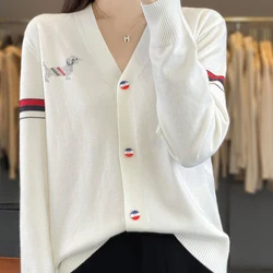 Women's 2024 Autumn New High Count High Density Knitted Cardigan, Contrast Color and Hot Diamond Knitted Wool Top