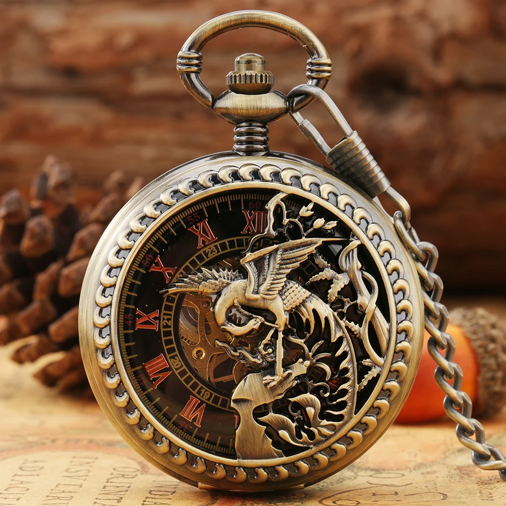 

Exquisite Half Hollow Phoenix Design Mechanical Pocket Watch Men Double Cover Openable Hand Winding Pendant Antique Clock Gift