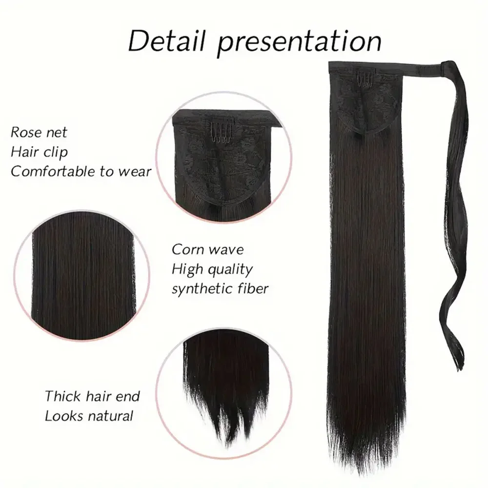 Long silk bone Straight Synthetic Ponytail Wrap Around Hair Extensions wigs Clip on Hairpiece Pony Tail elegance women Daily Use