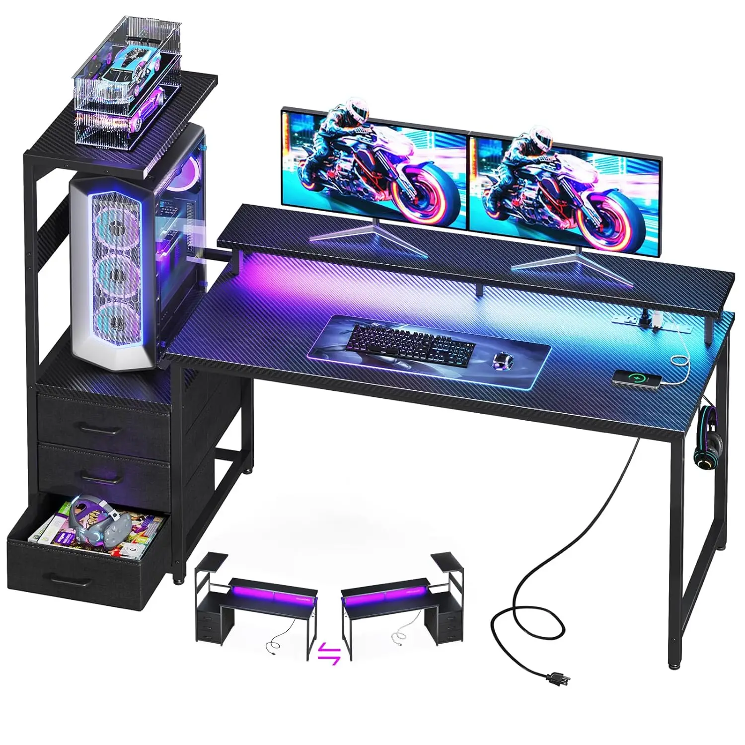 

59" Gaming Desk USB LED Reversible 3 Drawers Monitor CPU Stand Home Office Black, Customized