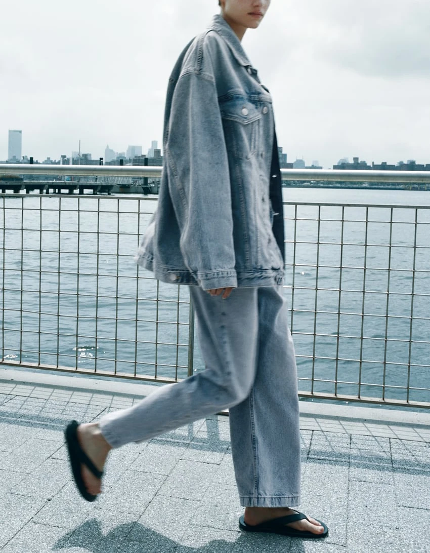 Conjunto de duas peças com jaqueta jeans foada e calça jeans de cintura média, novidade da primavera, roupa fena modern...
