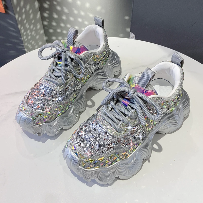 Women's Shiny Rhinestones Shoes Summer Breathable Mesh Casual Sneakers Women's Sport Shoes Platform Luxury Shoes Zapatos Mujer