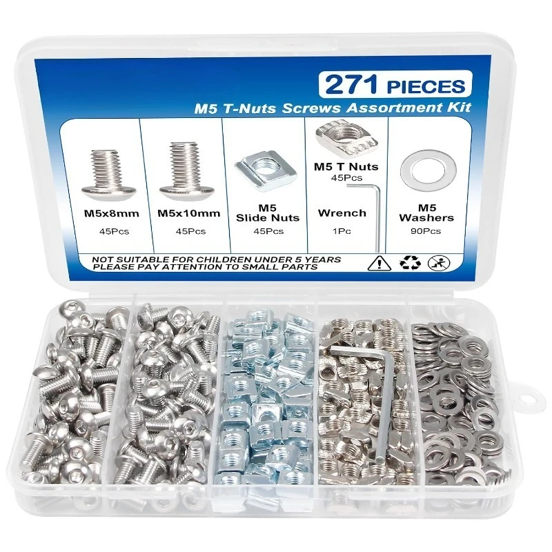 271pcs/box M5 T-Nuts Screws Kit for 8020 2040 2020 V Slot Aluminum Extrusion Profiles