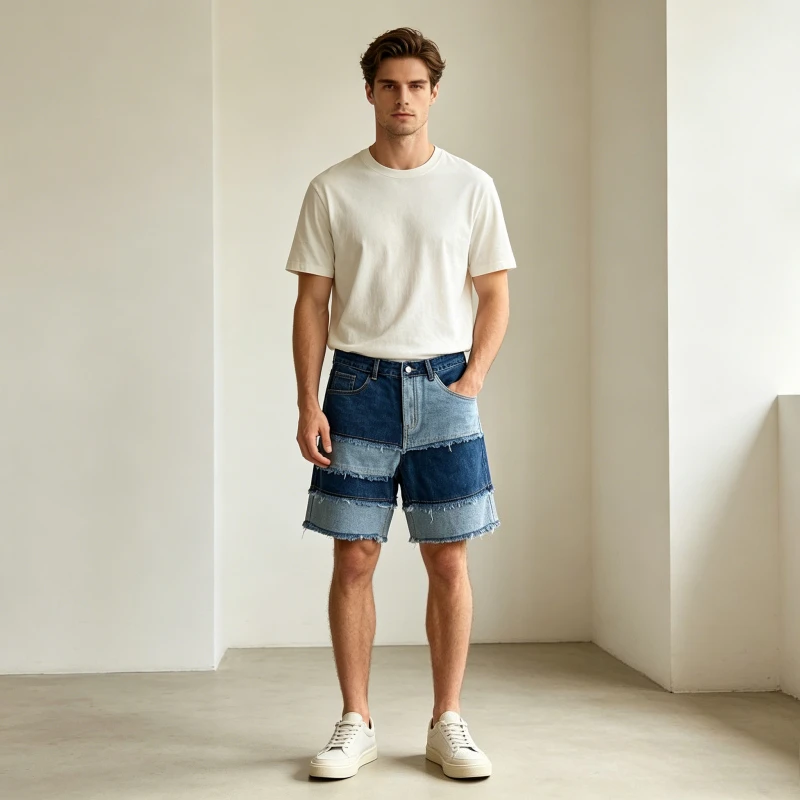 Denim Short Pant Men Jeans Straight Pants Patchwork High Waist Trousers Vintage Washed Distressed Frayed Y2k Splice Beach Spring