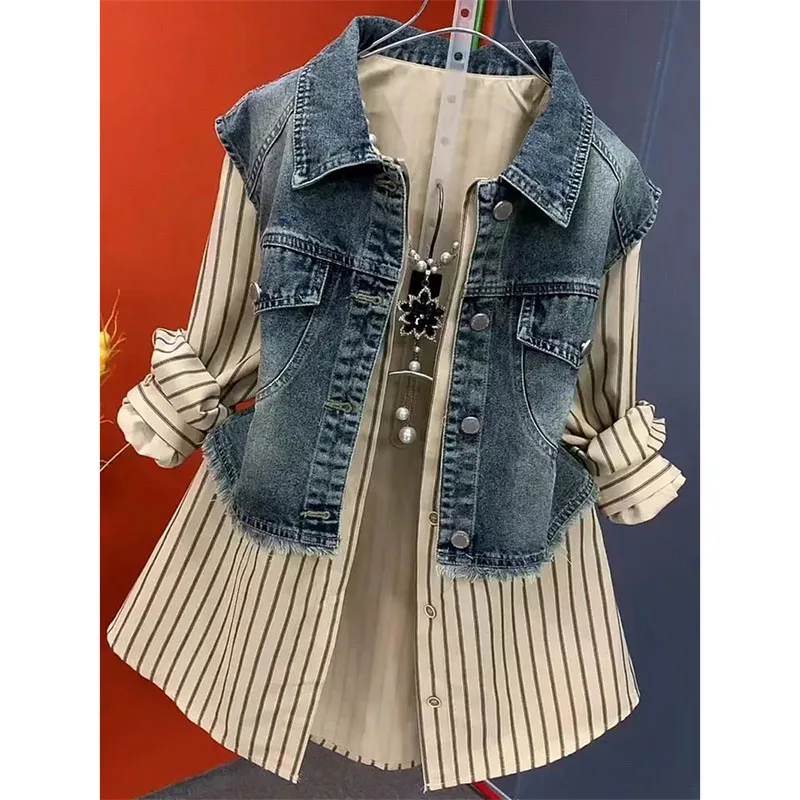 Nowa Damska Jeansowa Bluzka Wiosna Jesień Koreańska Łączona Imitacja Dwuczęściowa Koszula Kowbojska Damska Codzienna Koszulka w Paski Damska Wiatrówka