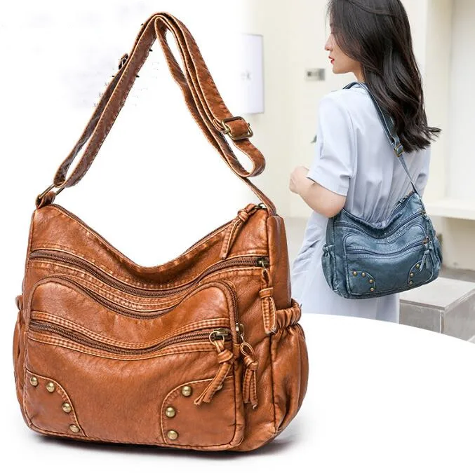 

New Fashion Brown Bag for Women Vintage Soft Pu Leather Handbags Large Capacity Tote Bag Many Pockets Messenger Bag