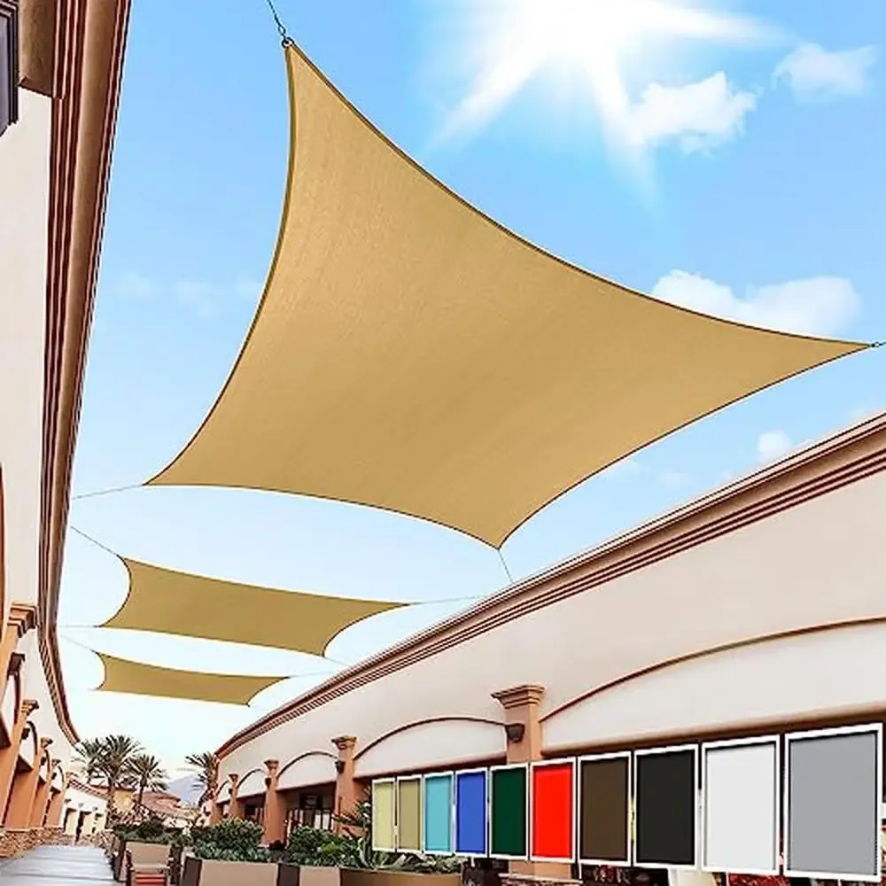 

Sand Beige Rectangle Sun Shade Sail Canopy Outdoor Patio Screen Awning 12x18 HDPE Fabric UPF50 UV Blockage D-Rings Kit Incl