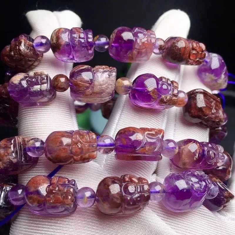 Natural Purple Cacoxenite Phantom Quartz Pi Xiu Beads Bracelet 13x9mm Red Auralite 23 Women Round Beads Gold Rutilated AAAAAA