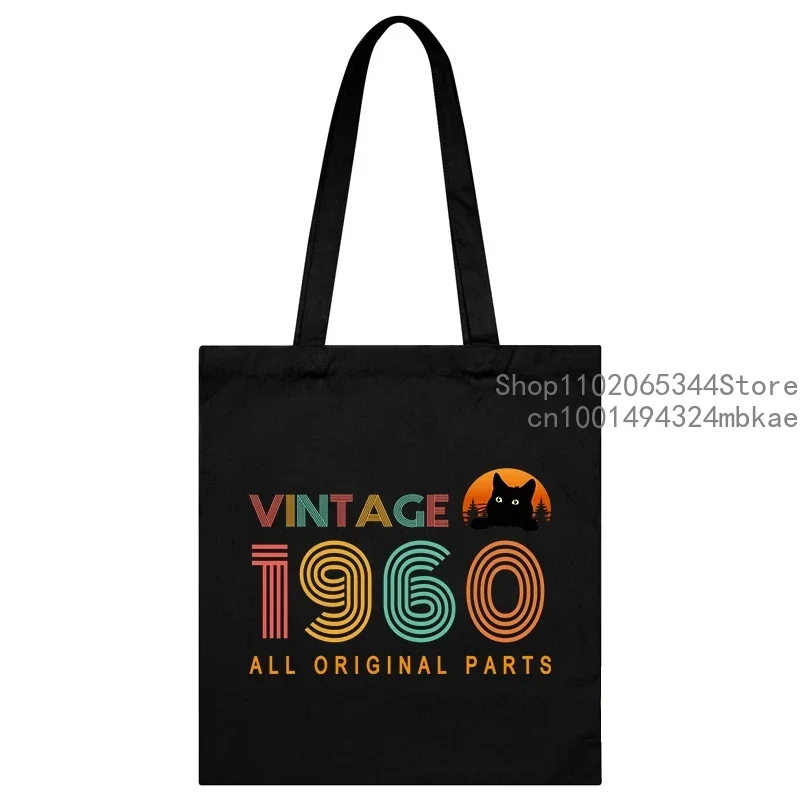 Canvas Tote Bag Vintage Birthday Year 1960-1969 Print Shopping Bag Women Men Casual Fashion Years Black Cat Side Bag for Ladies