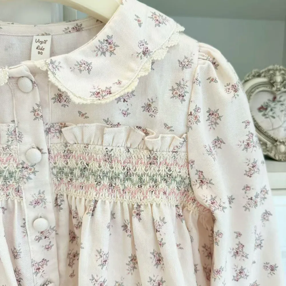 spring baby girl clothes kids dress cotton baby tops hand embroidery Pink retro floral print long sleeved dress