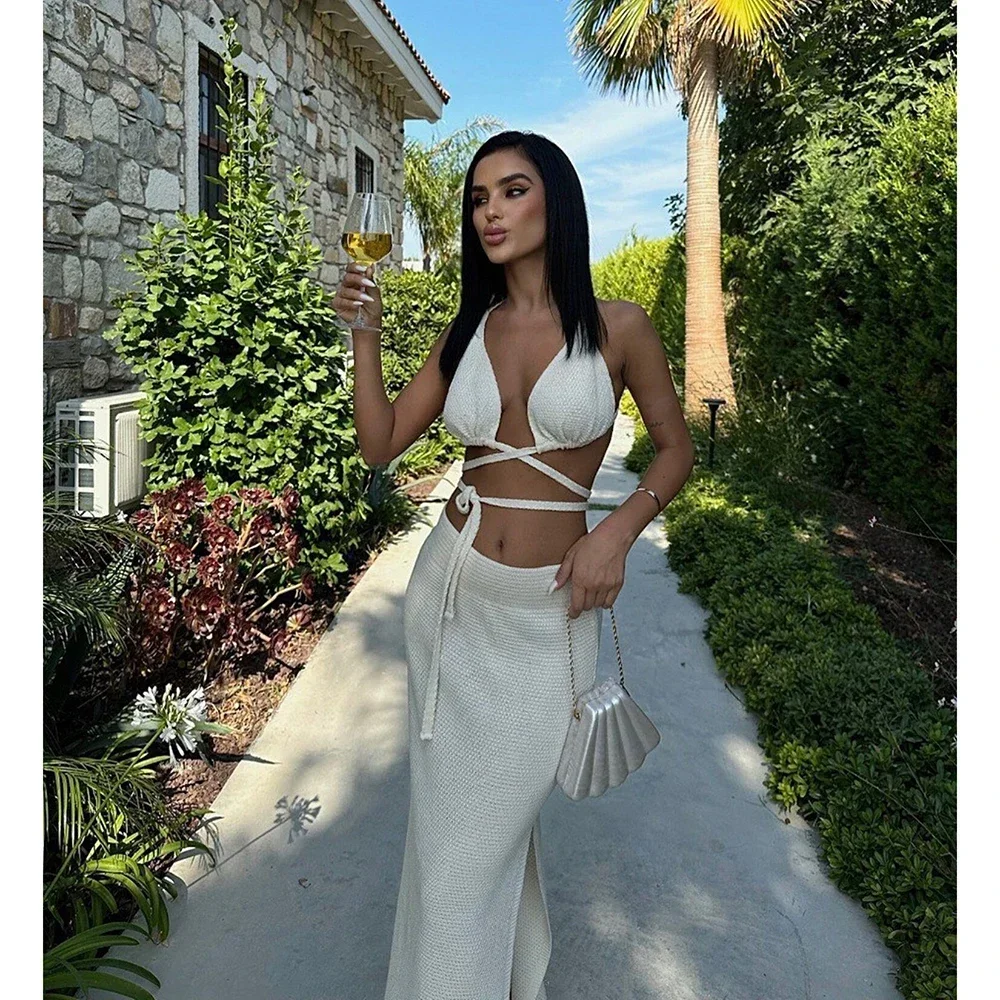 Damski zestaw: dziergana spódniczka i top na plażę, seksowny mini top z rozcięciem i długa spódnica, letnia ażurowa odzież plażowa, sukienka na imprezę, 2025