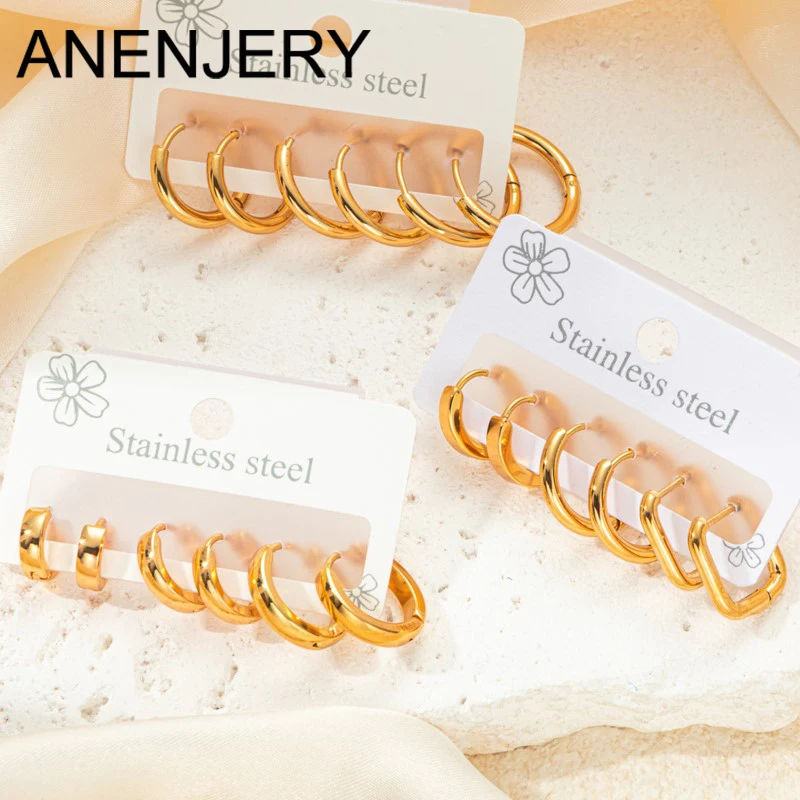 ANENJERY 316L Acero inoxidable 3 par/set círculo geométrico corazón estrella aro pendientes conjunto para mujeres Simple Premium al por mayor