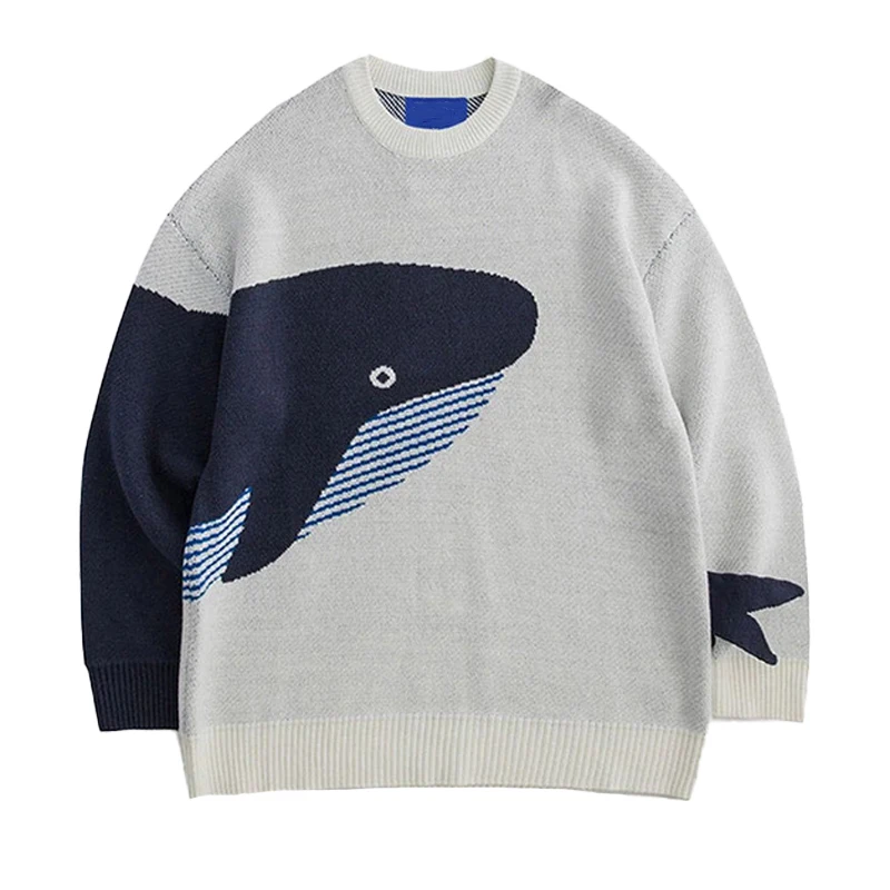 2024 autumn and winter new casual top knitted sweater splicing Y2K blue whale sweater top warm sweater fashionable niche