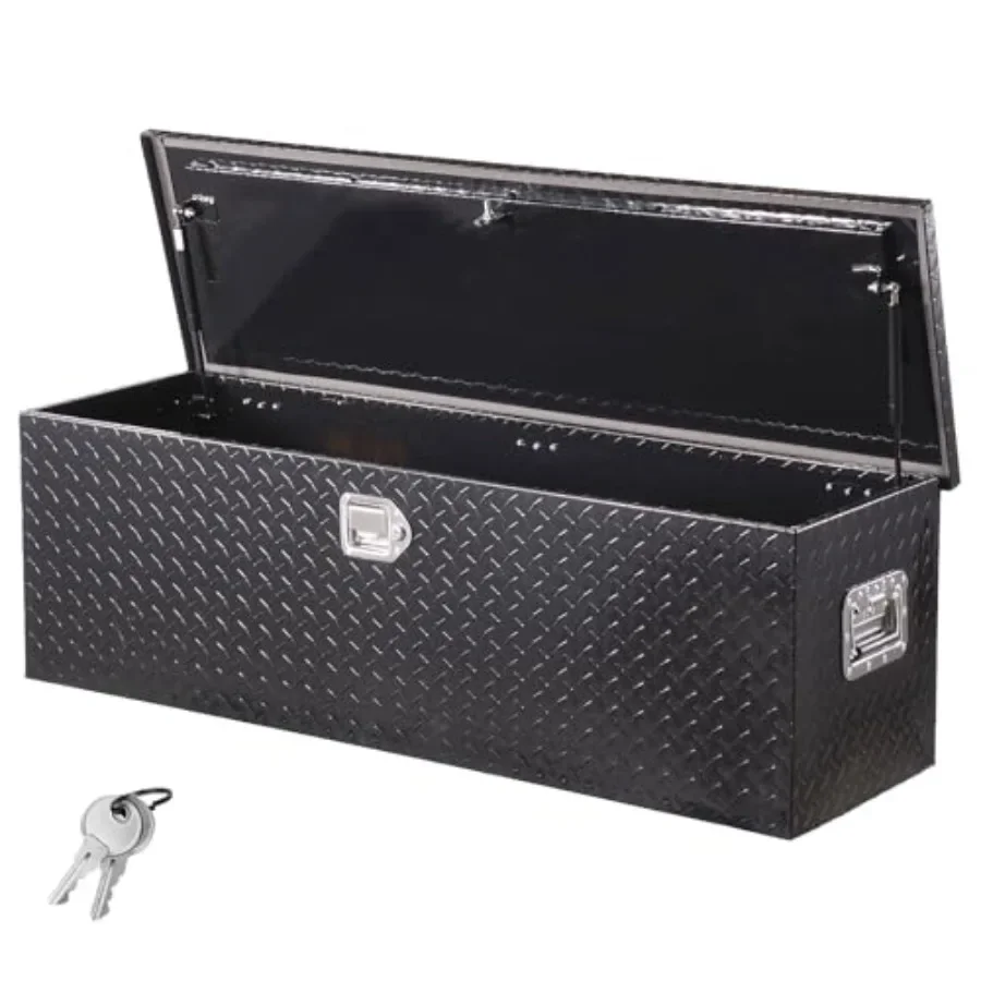 Heavy Duty Aluminum Truck Bed Tool Box, Diamond Plate, Black, Waterproof Lockable with Side Handle for Trailer, Pickup, RV, 49x