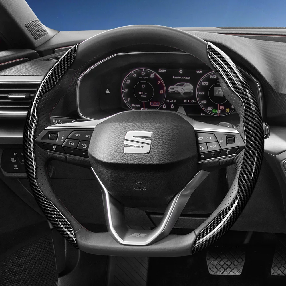 Passende Lenkradabdeckung mit Carbonfaser-Textur und segmentiertem Schnellverschluss-Design, langlebig, für Modelle wie Ibiza, Arona, Leon, Leon Sportstourer, Ateca, etc., in Schwarz, Blau, Rot,