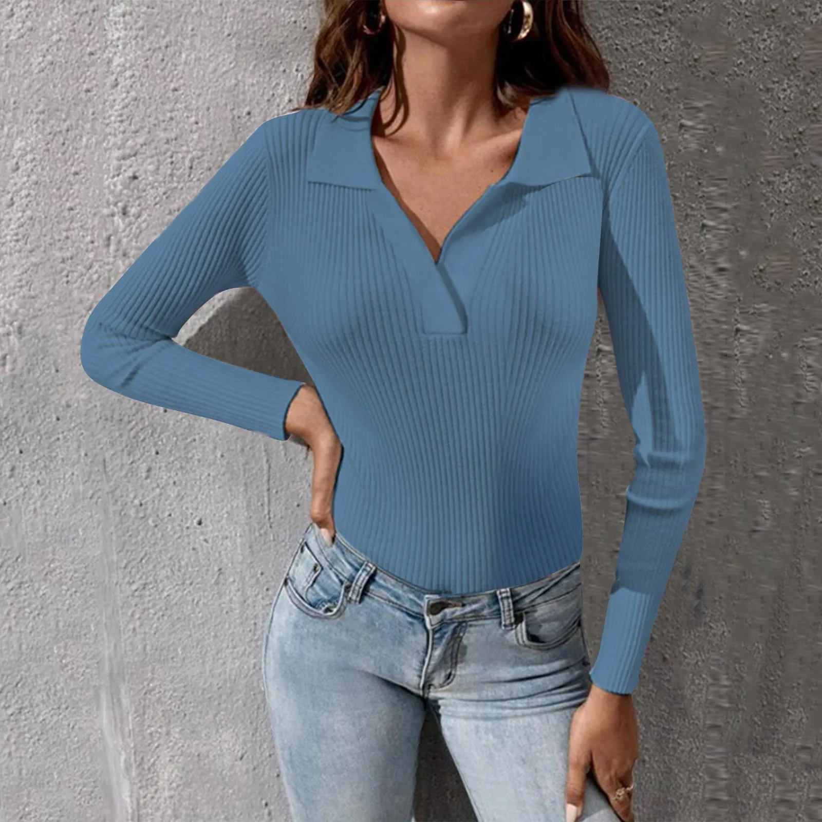 

Women Slim Fit Knitted Sweater Solid Color Turn Down Collar Long Sleeve Pullovers Winter Elastic Soft Basic Undershirt Jumpers