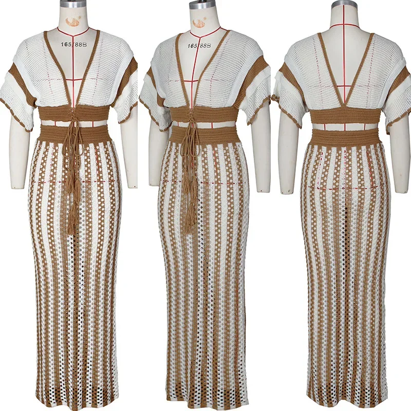 Striped Knitted Two Piece Set Women Outfit Y2K Clothes Clubwear Party Hollow Out V-neck Crop Top and Long Skirt Maxi Dress Sets