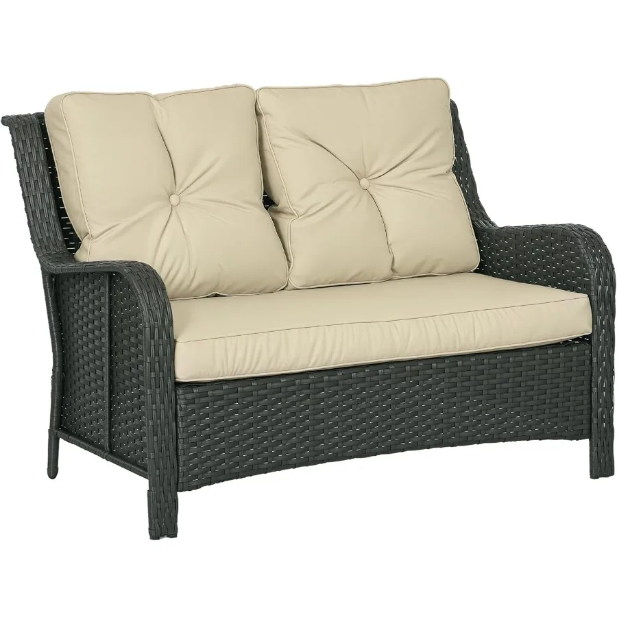 

2-местный уличный диван с 4 толстыми мягкими подушками из прочного полиэтилена из ротанга с изогнутыми подлокотниками идеально подходит для сада в солнечной комнате