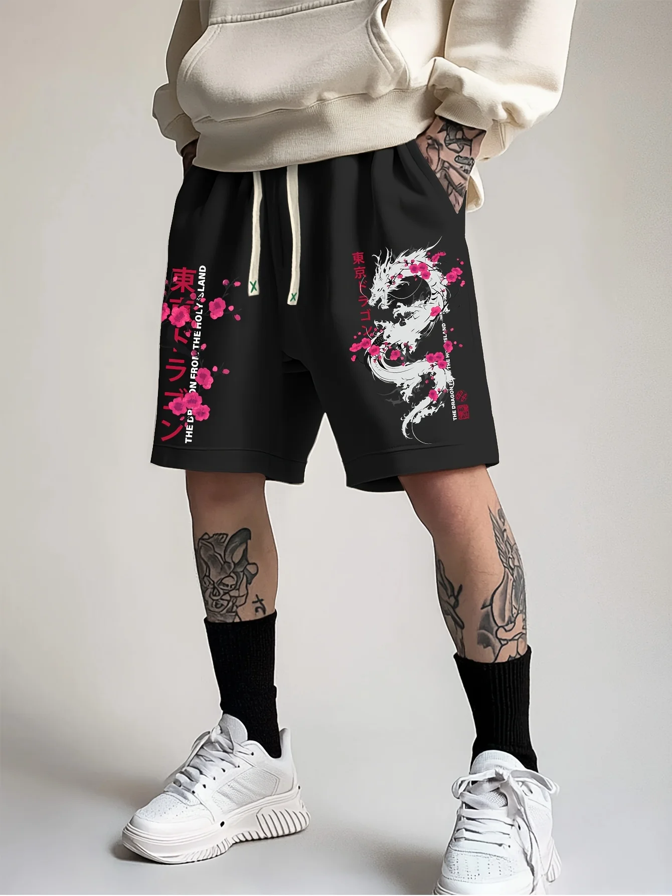 

2026 Summer New Men's Short Pants - 3D Dragon Pattern Cherry Blossom Print - Fashion Street Style - Comfortable Lightweight Soft