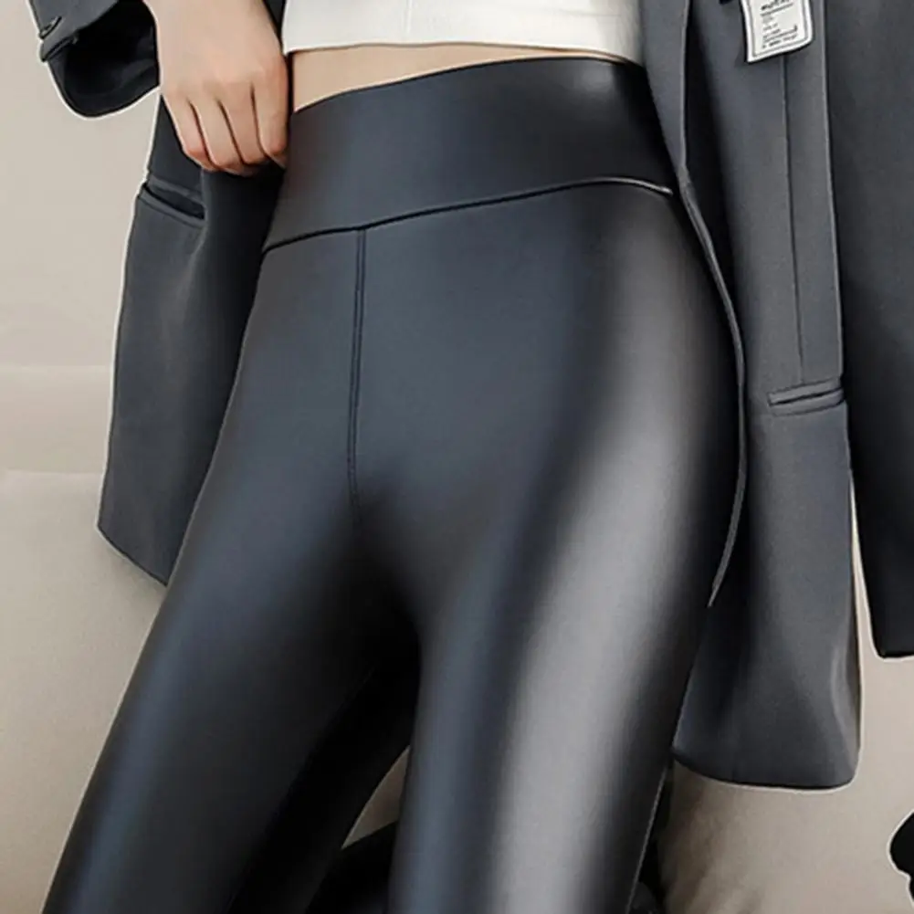 Faux Leather Bottoming Pants Women Velvet Lining Thickened Windproof Leggings High Waist Slim Fit Hip Lift Pants PU