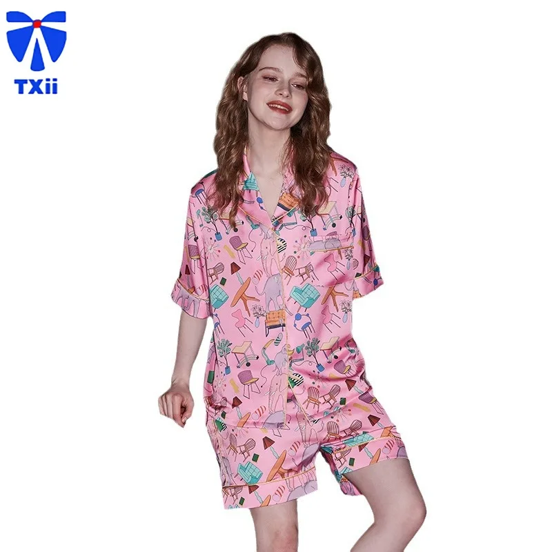 Pijama feminino de manga curta, shorts de verão, terno seda gelo, desenhos animados fofos, roupas de casa, móveis rosa, novo