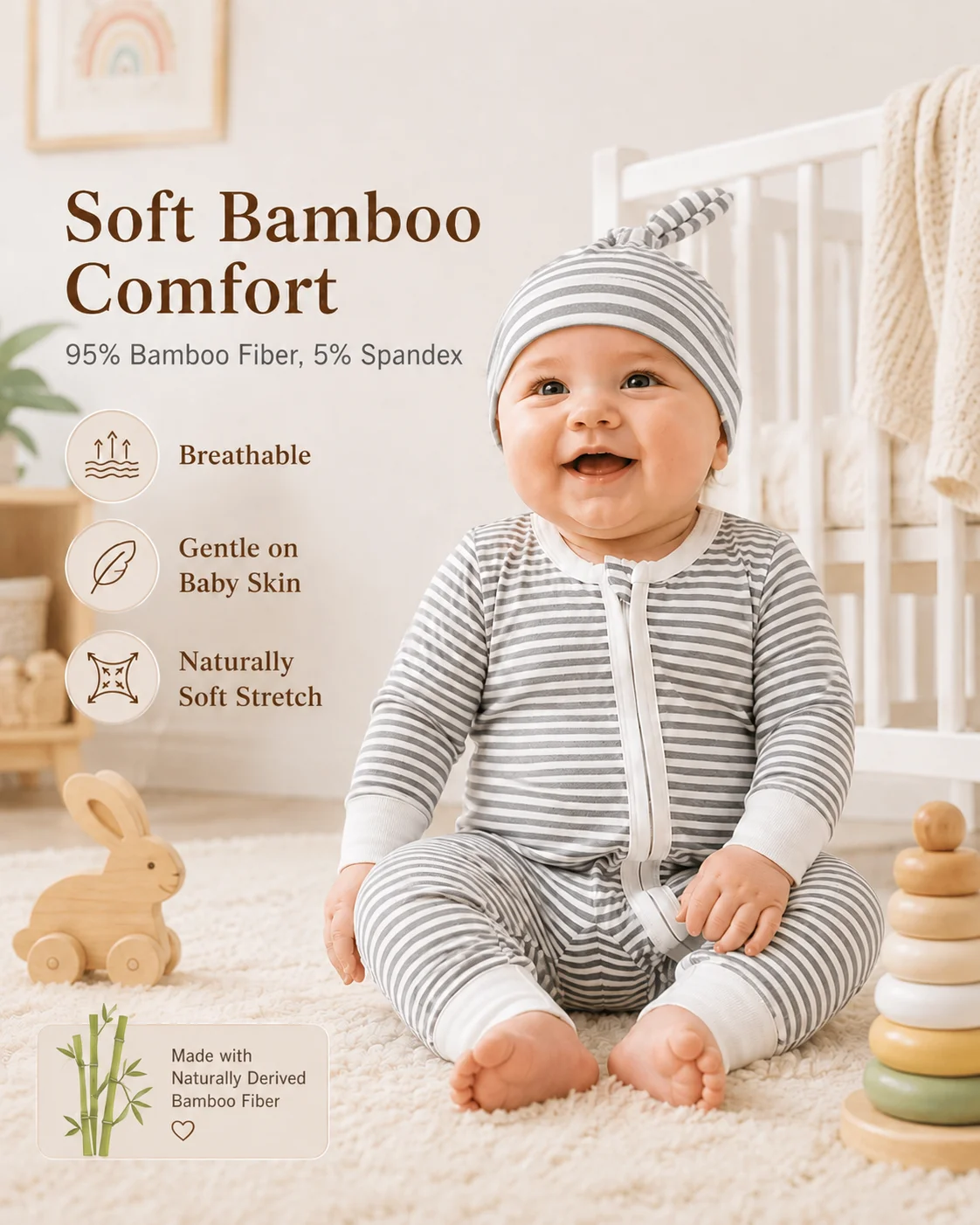 Somenie Newborn LongSleeve Romper Diagonal Zipper Striped Baby Jumpsuit with Knotted Hat Set Spring & Autumn Infant Outfit 0‑18M