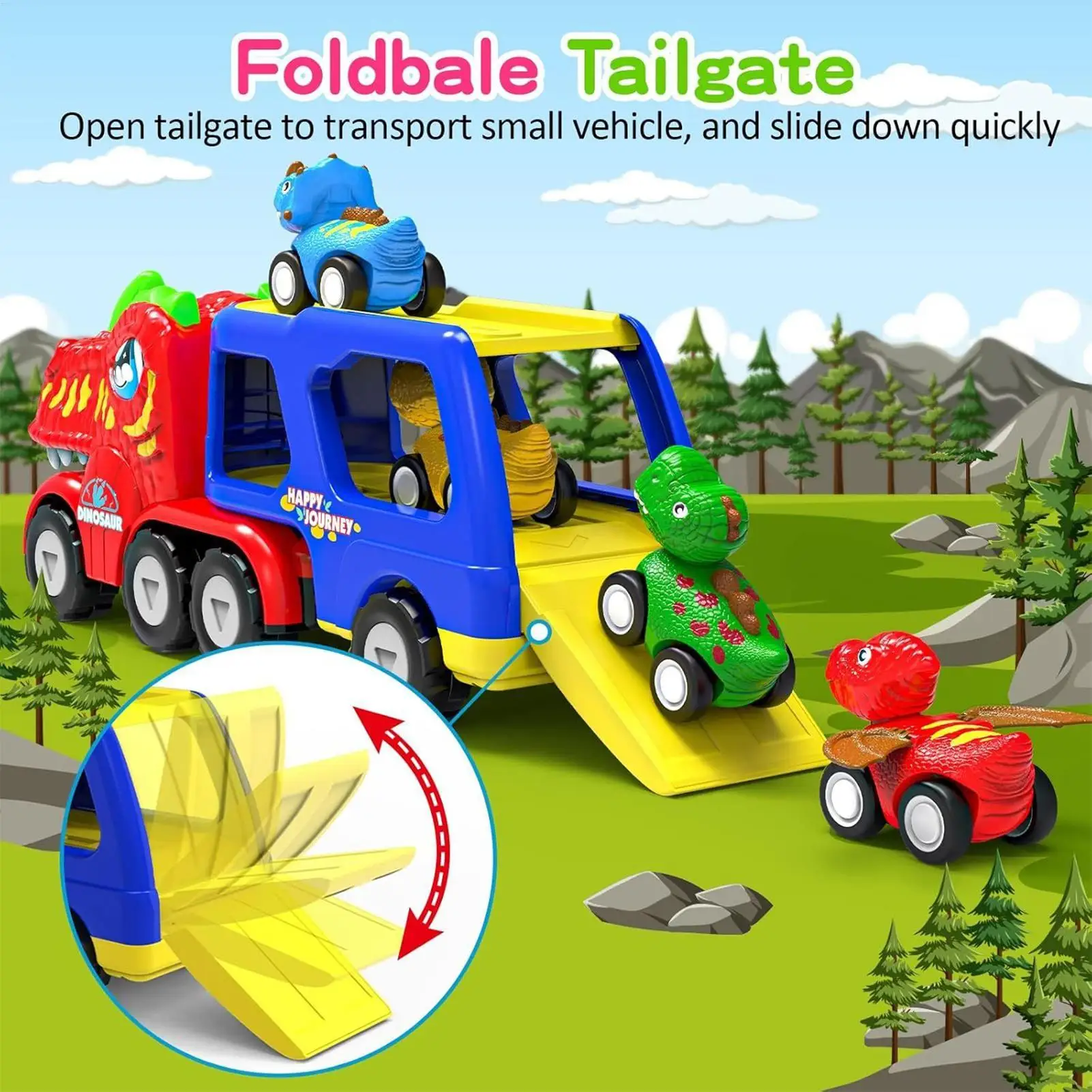 恐竜輸送トラック ライトアップ 電動キッズトラックおもちゃ 4台のプルバックカー付き 誕生日パーティー 恐竜輸送キャリア