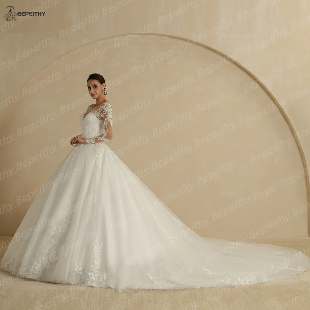 BEPEITHY Customized Luxury Full Sleeves Princess Wedding Dresses For Women Glitter Court Train Lace Boho Bride Bridal Gowns image 6