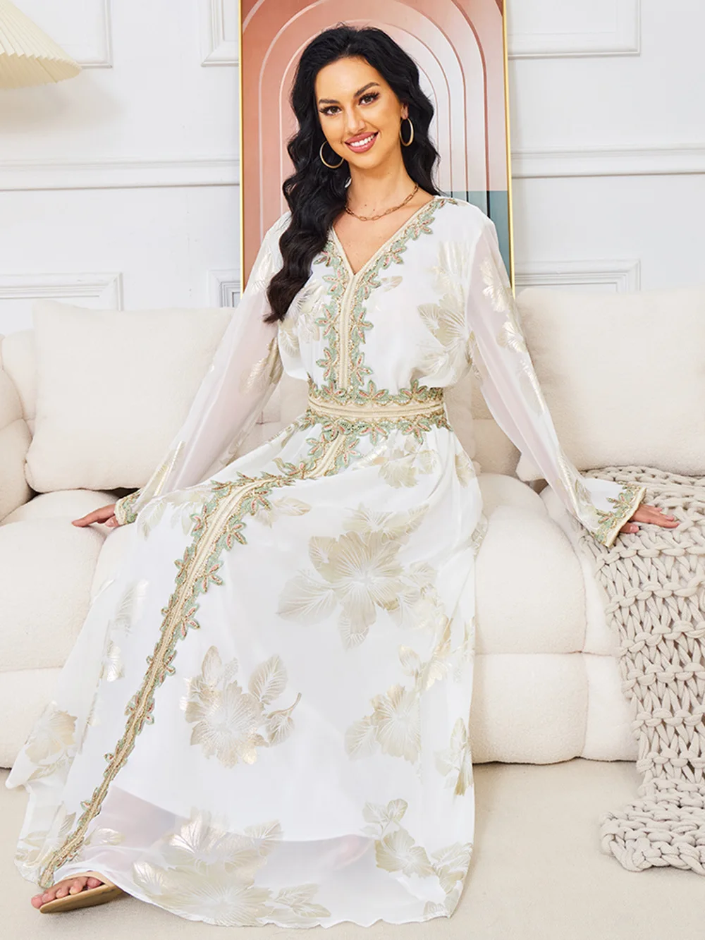 Jhjn outono e inverno estampagem de ouro bordado cinto muçulmano robe dubai viagem vestido de noite roupas femininas