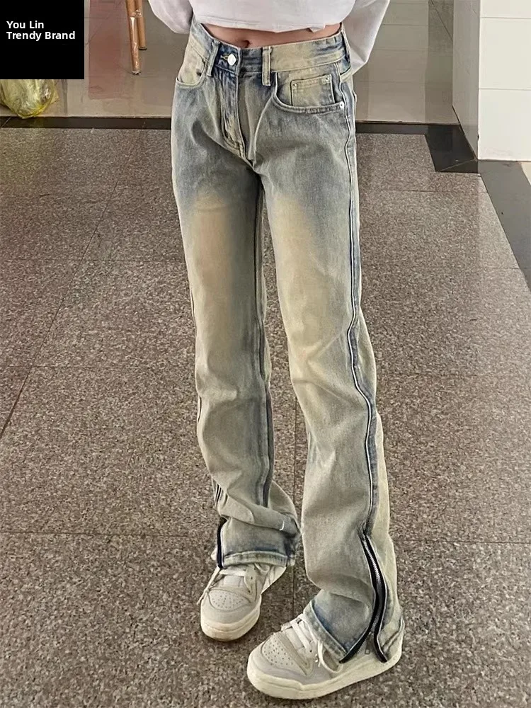 

Мужские джинсы American Vibe Slim Fit Straight Leg Workwear, цвет желтый деним, с микро-клешем, в уличном стиле, с боковыми карманами на молнии