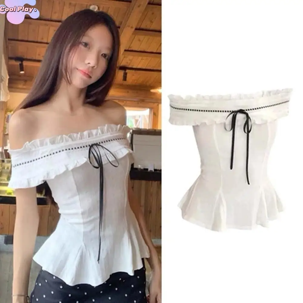 

White Off-shoulder Ruffle Shirt Korean Y2K Ins Lace-up Cute Bow Ruffle Shirt Tops Pleated Collar Slimming Slim Fit Crop Tops