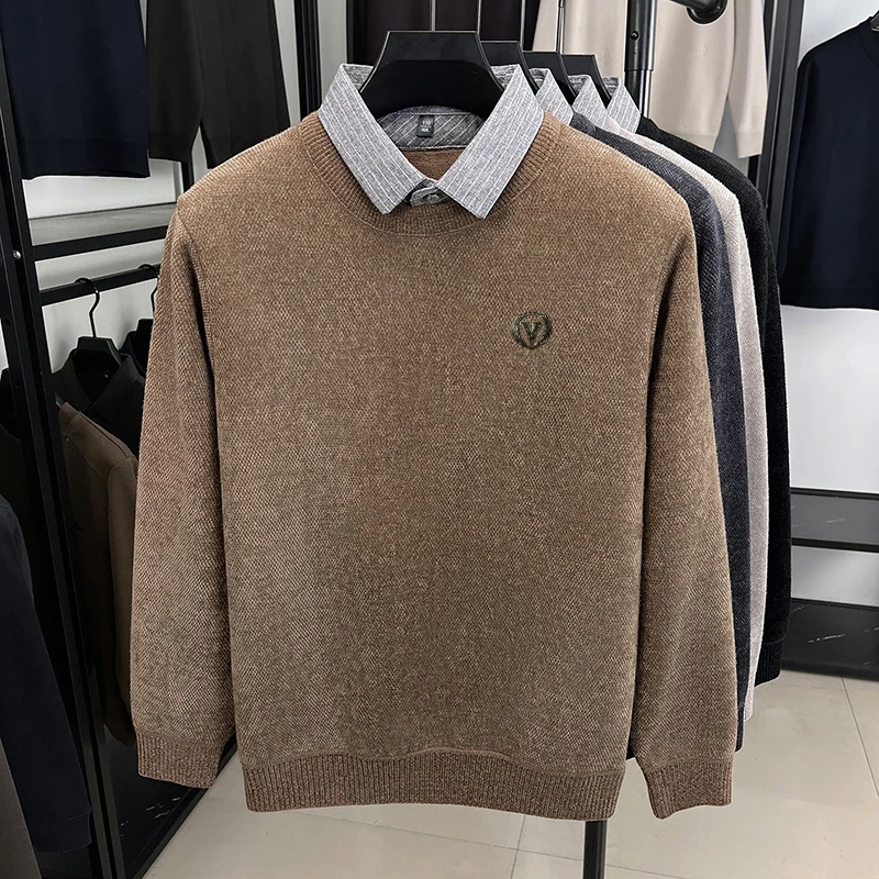 Vendite calde Maglione lavorato a maglia da uomo di alta qualità Colletto della camicia Stampa a V Pullover addensato Moda business britannica Abbigliamento invernale caldo da uomo