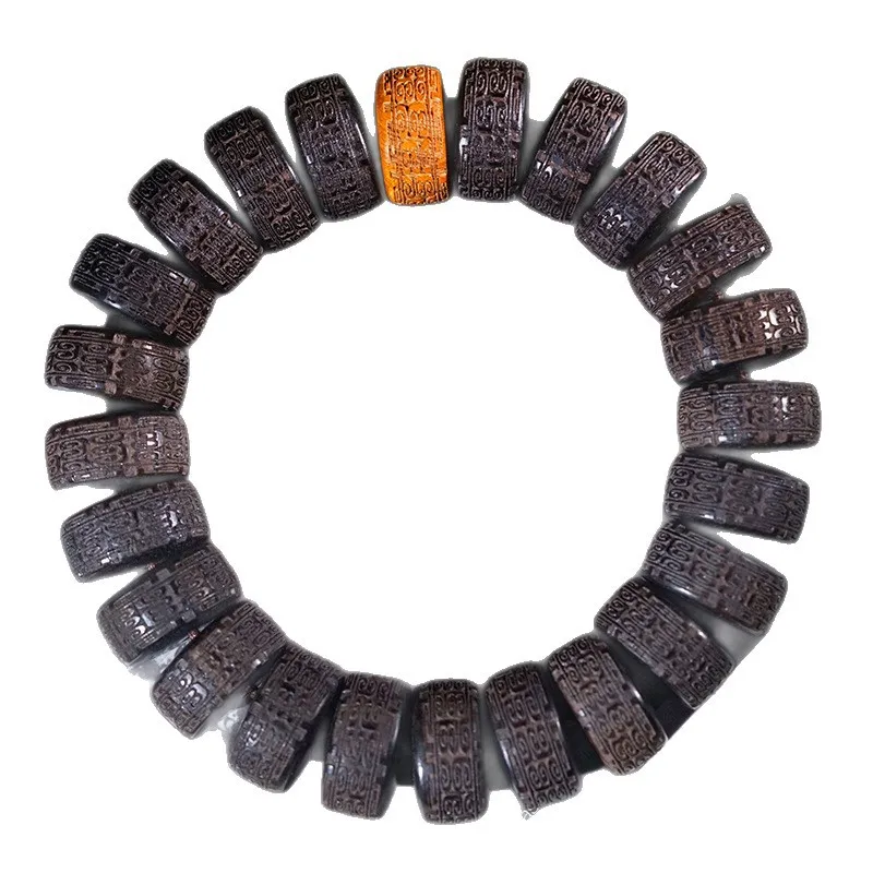 Ebony Tablet Beads Carved Auspicious Clouds Buddhist Bead Bracelet for Men and Women Handheld Wooden String Gifts