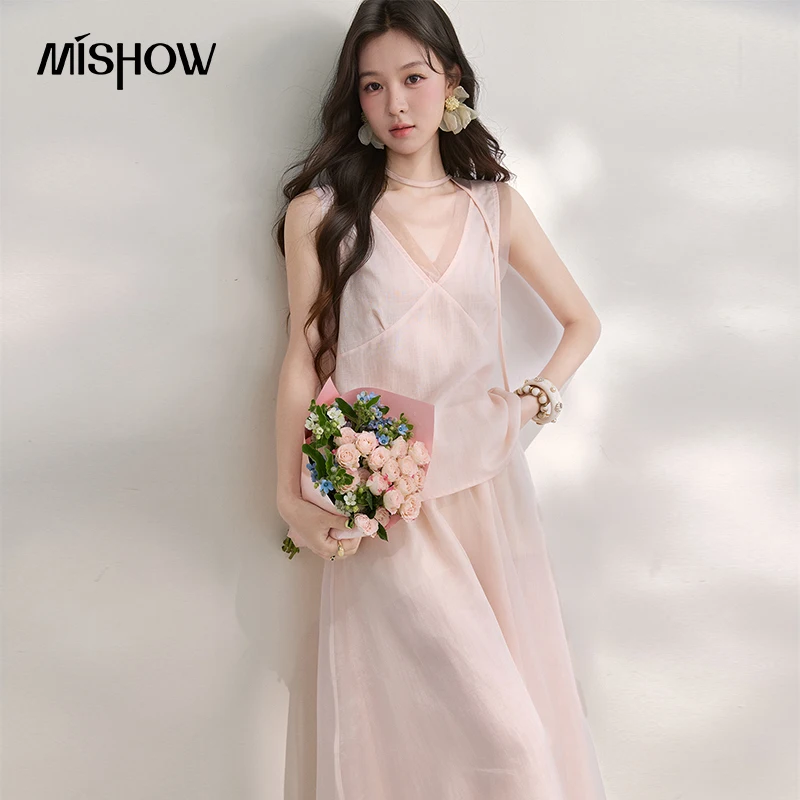MISHOW Women's Pink Ramie 2 Piece Outfit 2026 Summer Sleeveless V Neck Cropped Tank Top Mesh Layer Midi Skirt Set MXF20T1719