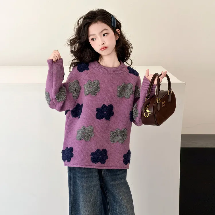 Suéter jacquard floral bloco colorido para meninas, pulôver de malha com flores doces, top de camadas primavera outono, menina grande 7 - 14 anos