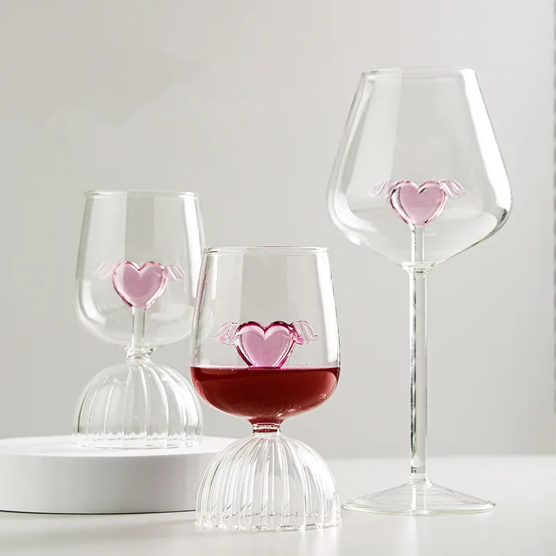 Glass Cup With Pink Heart Design Wings Wine Glasses Angel Goblet Ins Style Red Juice Milk Water Champagne Wine Cocktail Goblet