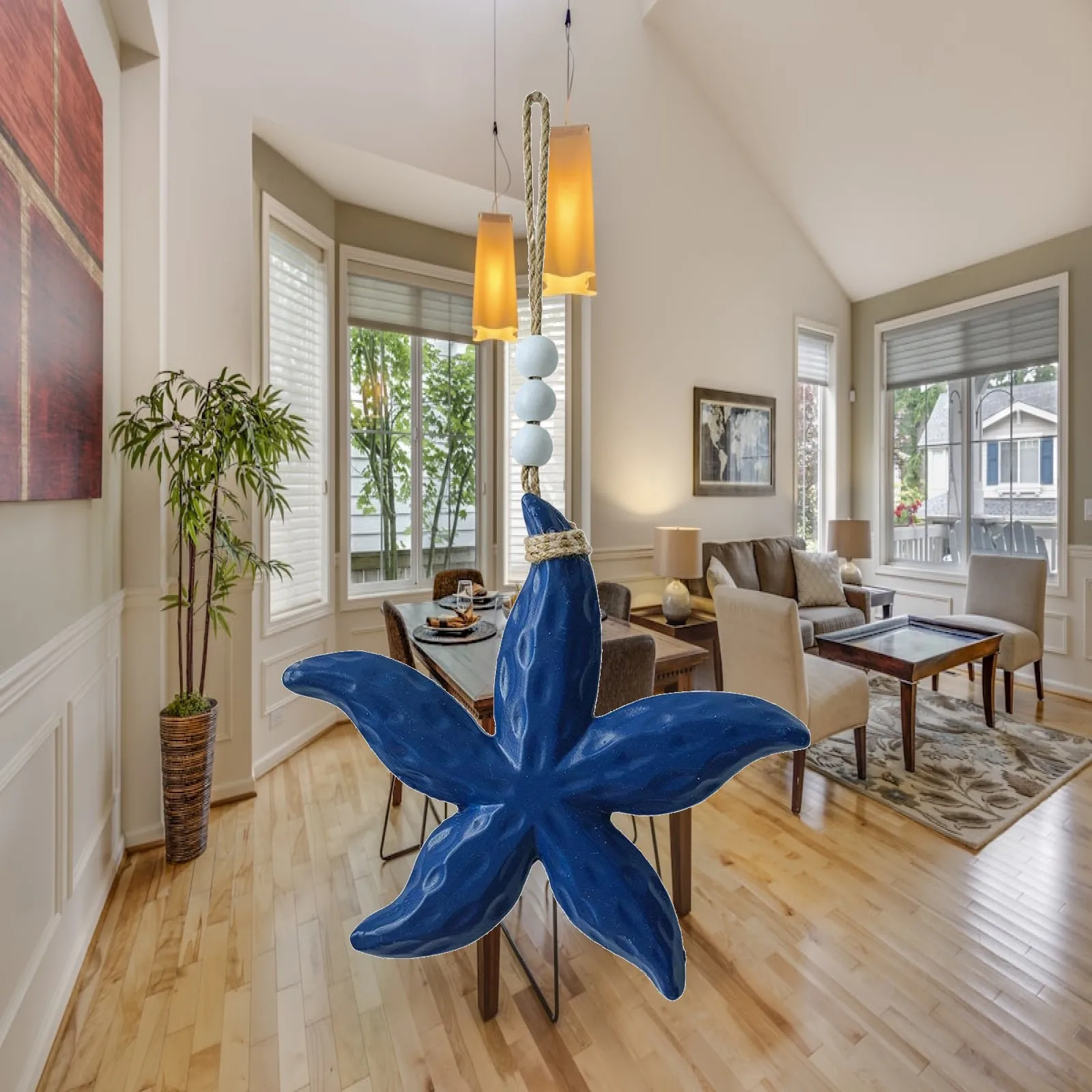 Wooden Starfish Pendant Mediterranean Style Nautical Wall Hanging Marine Home Decoration for Entryway