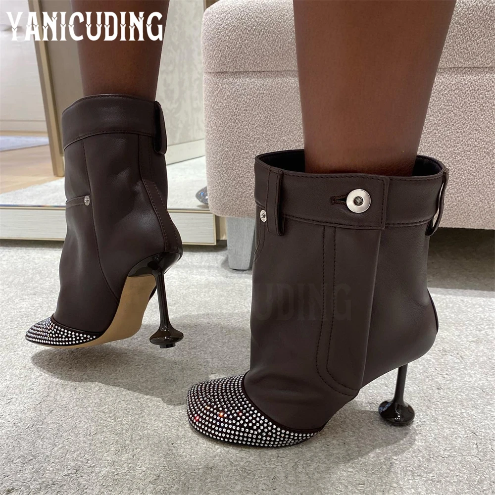

Rhinestone Pocket Booties Novelty Designer Style Strange Heel Ankle Boots Soft Leather Luxurious Bling Bling Booties for Women