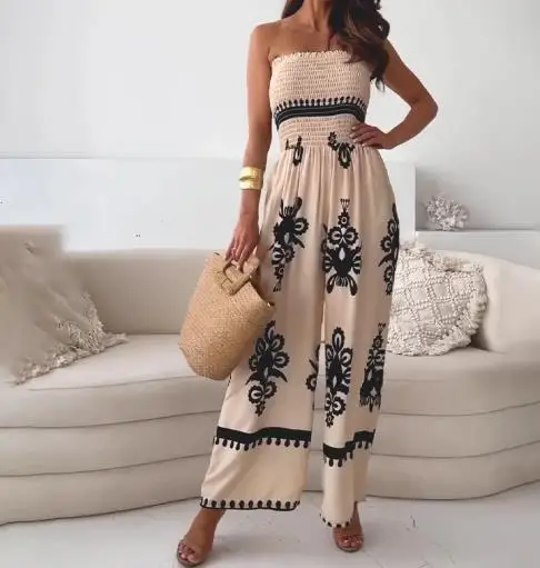 

Summer Women's Strapless Geometric Printed High Waist Slim Fit Jumpsuit Elegant and Fashionable Slim Fit Strapless Jumpsuit