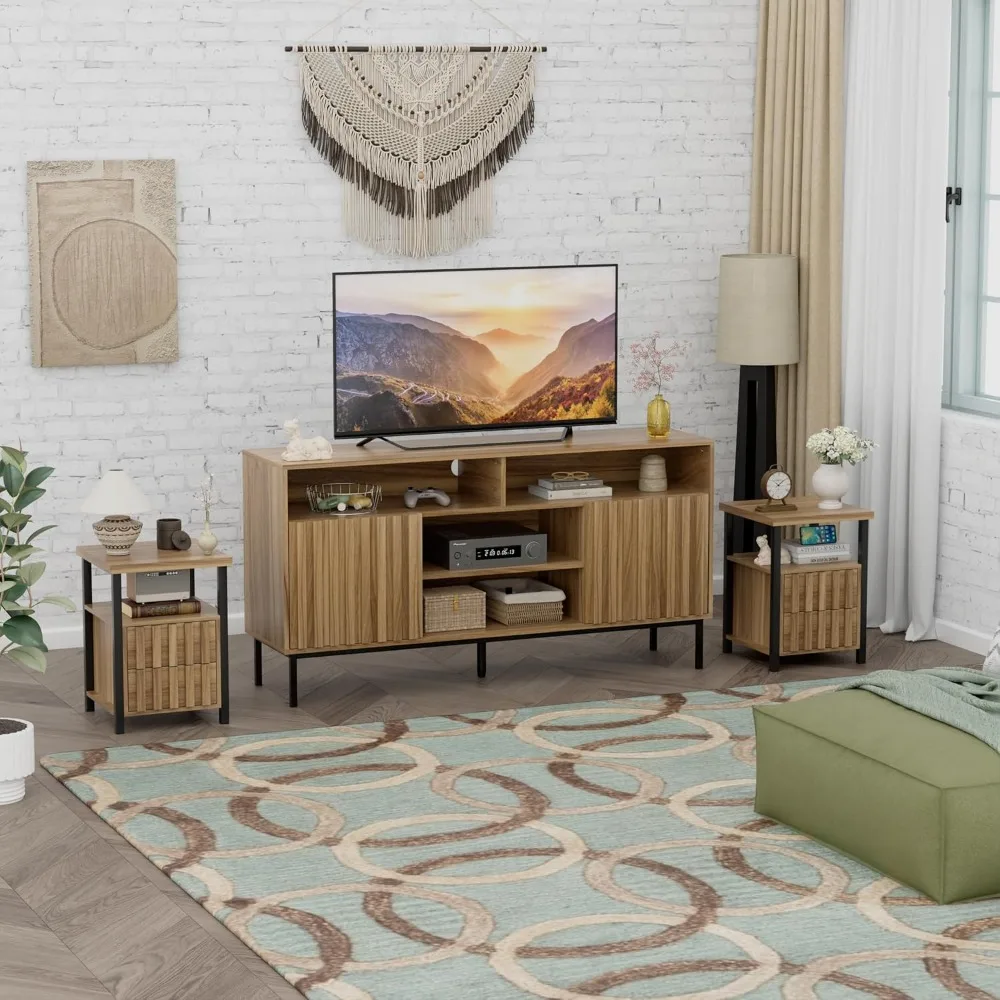 Современный комплект для гостиной середины века, дубовая тумба для телевизора и комплект из 2-х торцевых столиков, тумбочка, деревянная рифленая подставка для телевизора, приставной столик для дивана