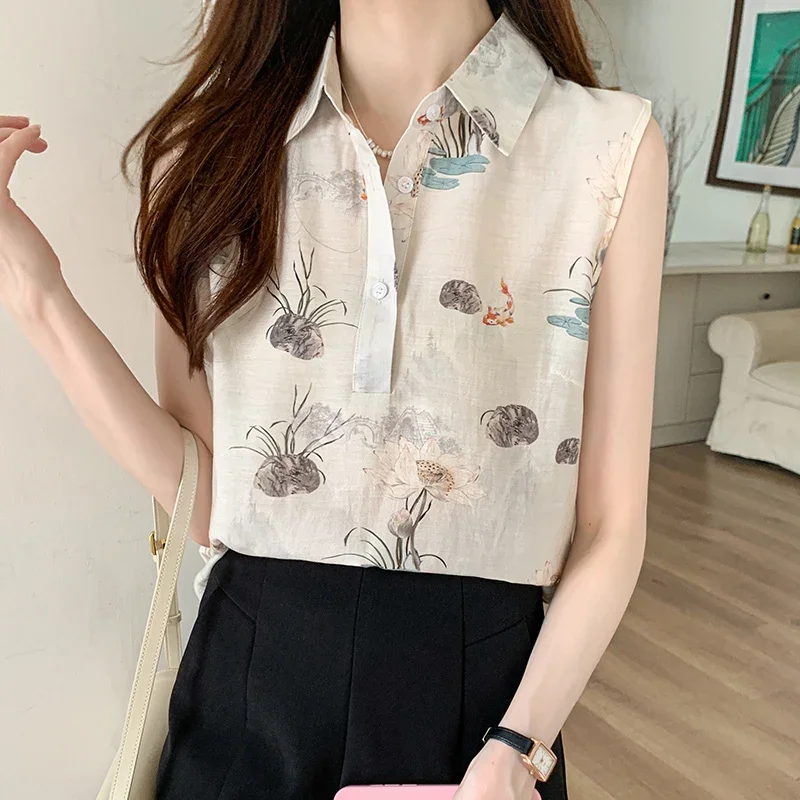 Summer Print women blouse Slim Sleeveless Womens Tops Polo-Neck Floral Button Women\'s Clothing Fashion Chiffon Blouses for Women