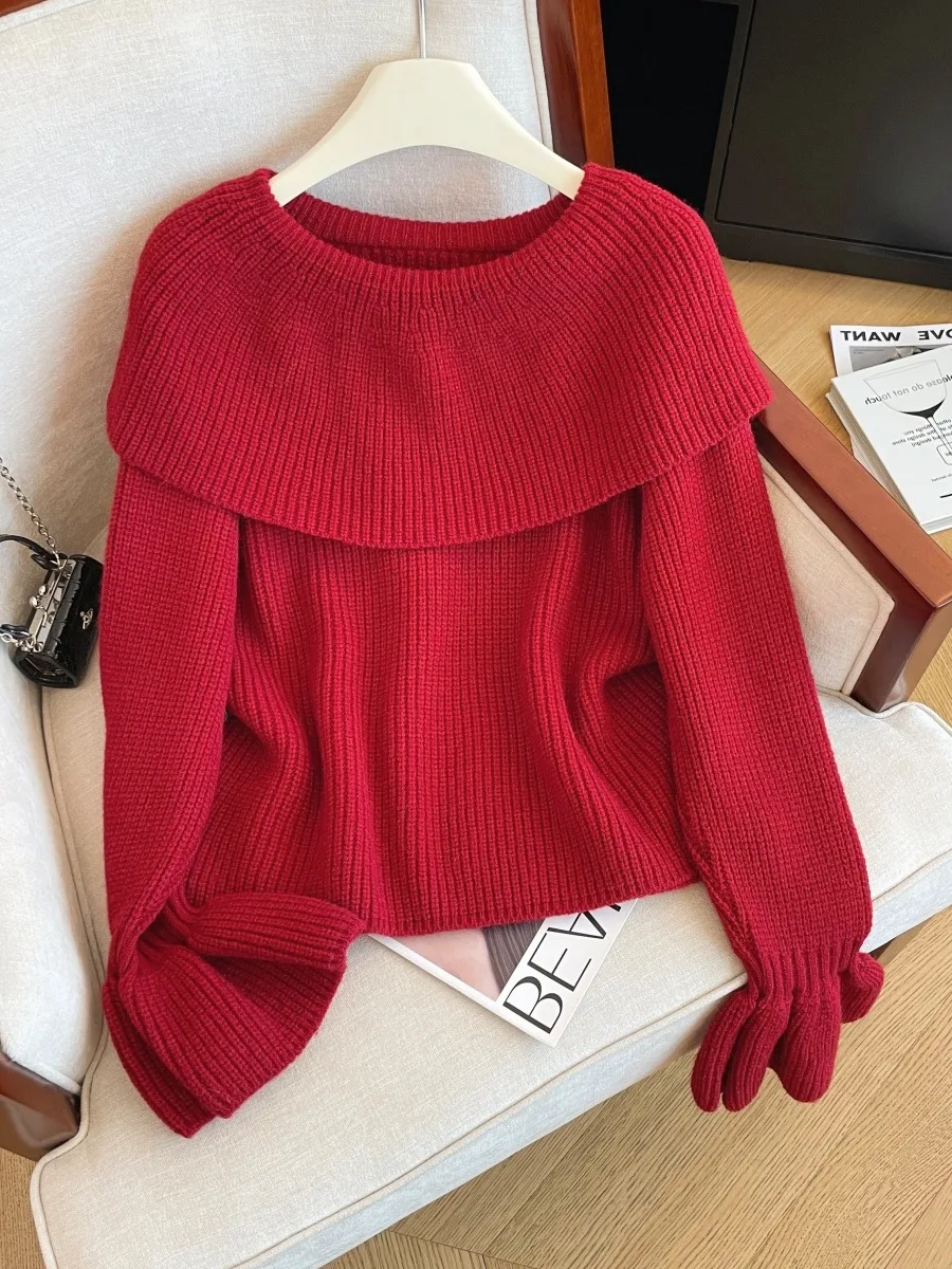 

Red Lace Hem Oversized Knit Sweater Women's Spring Autumn Loose Lazy Sle Soft Cozy Overhead irt New Year's Faion