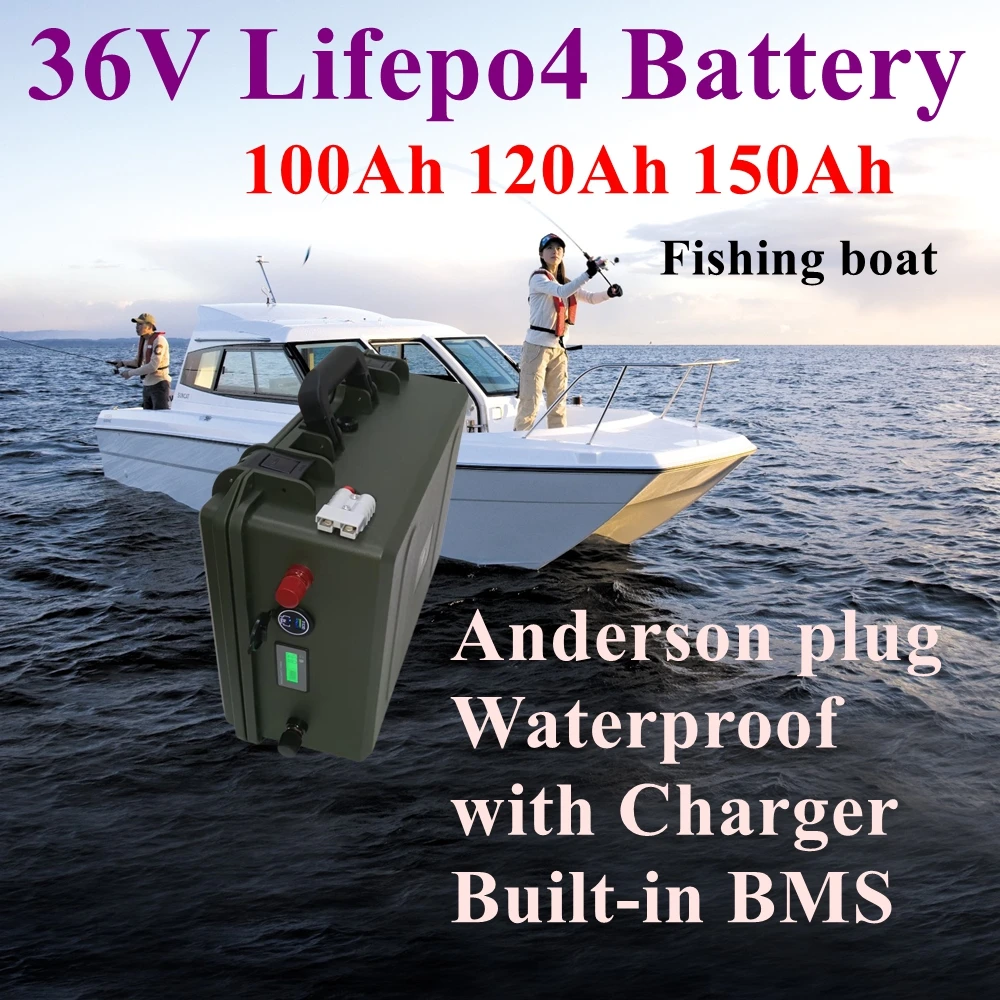 

Rechargeable 36V100Ah 120Ah 150Ah LifePo4 Battery pack,with BMS for 3000w trolling motor Outdoor fishing boat +10A Charger