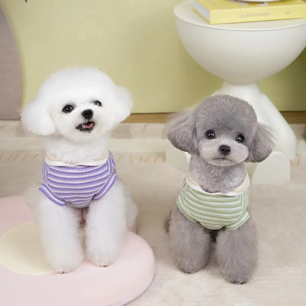 Zwei Beine Weste Revers Welpen gestreift Pullover Polyester dünne Hundekleidung atmungsaktiv lässig Hund Kurzarm Sommer