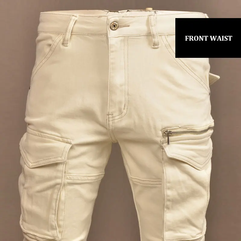 Street Fashion Men Jeans Beige White Stretch Slim Fit Hip Hop Biker Jeans Men Pockets Designer Casual Denim Cargo Pants Hombre