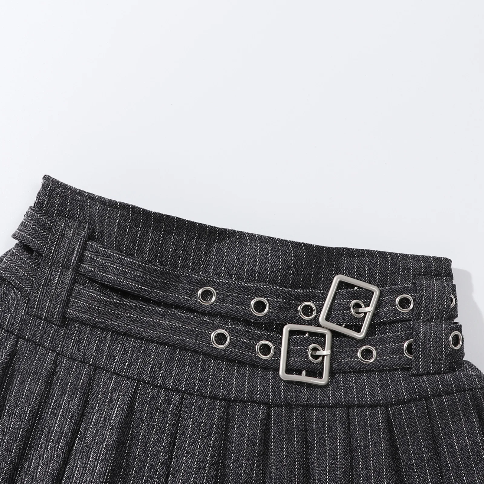 Teen Girl High Waisted Pleated Skirt Skort Y2K Pinstripe A-Line Mini Skirt with Built-in Shorts Double Belt Preppy Punk Style