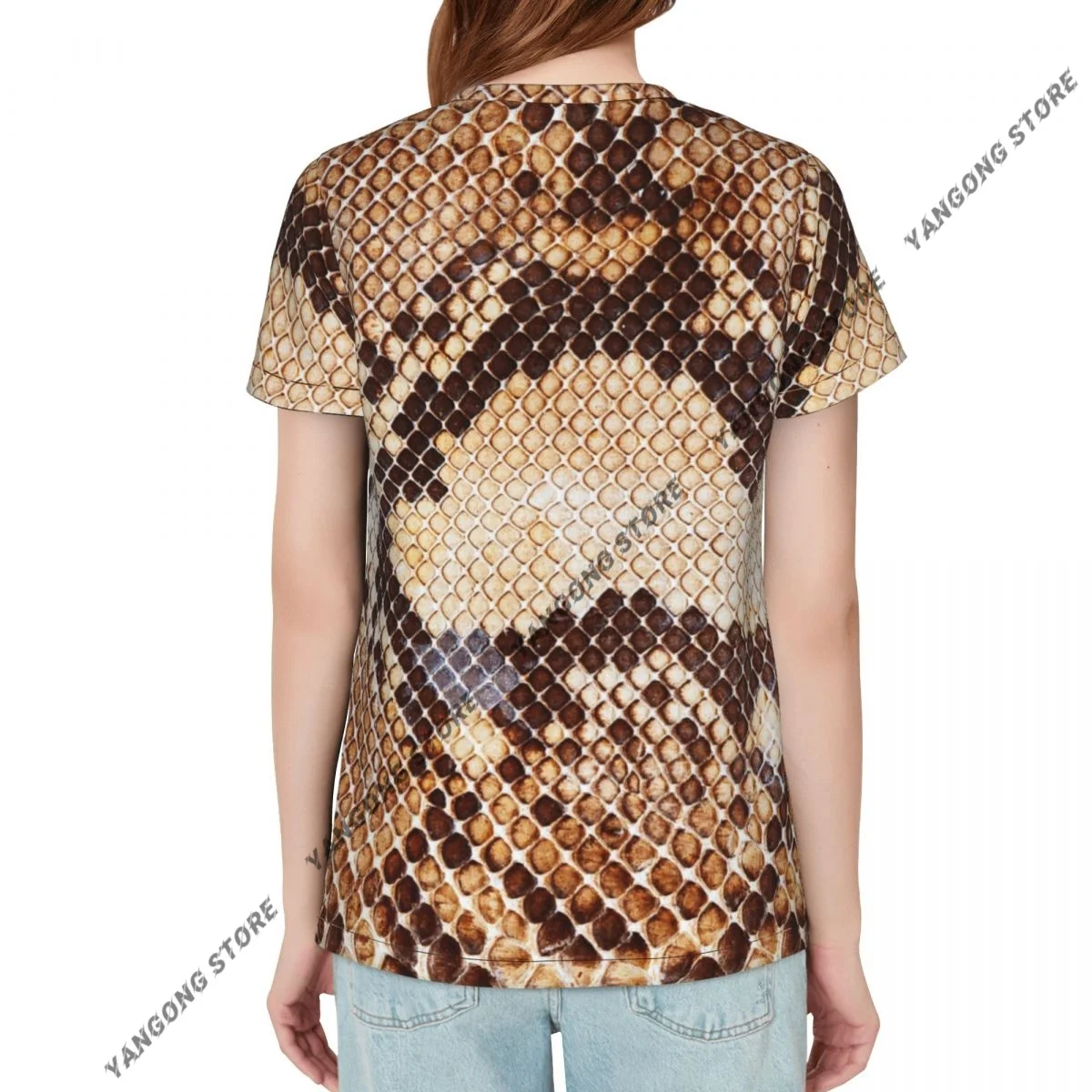 T Shirt Women Snake Skin Pattern Tee Shirt Casual Round Neck Short Sleeve Streetwear Female T-Shirt