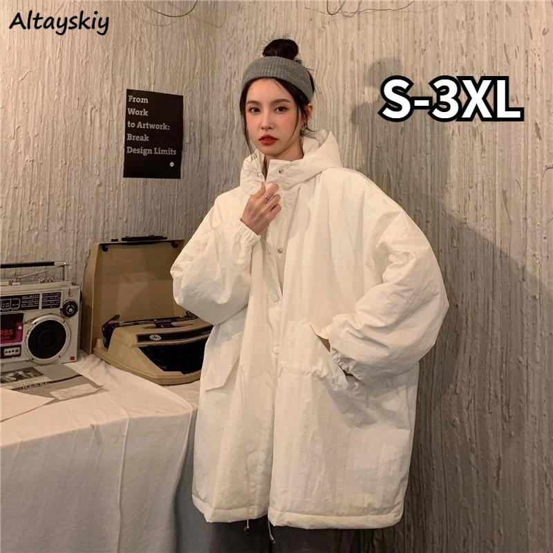 

Parkas Women S-3XL Warm Aesthetic Hooded Chic Ulzzang Streetwear Solid Pockets Ins Winter Mujer Overcoat Casual Loose Design